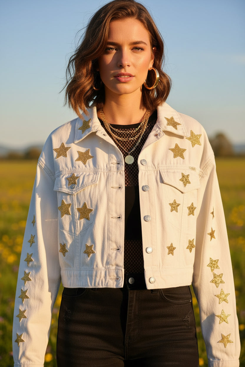 White denim gold stars jacket