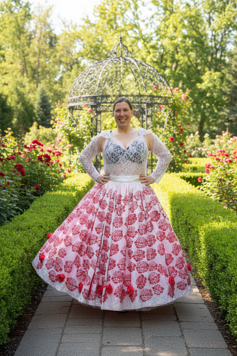 Model wearing rose print ballgown outdoors