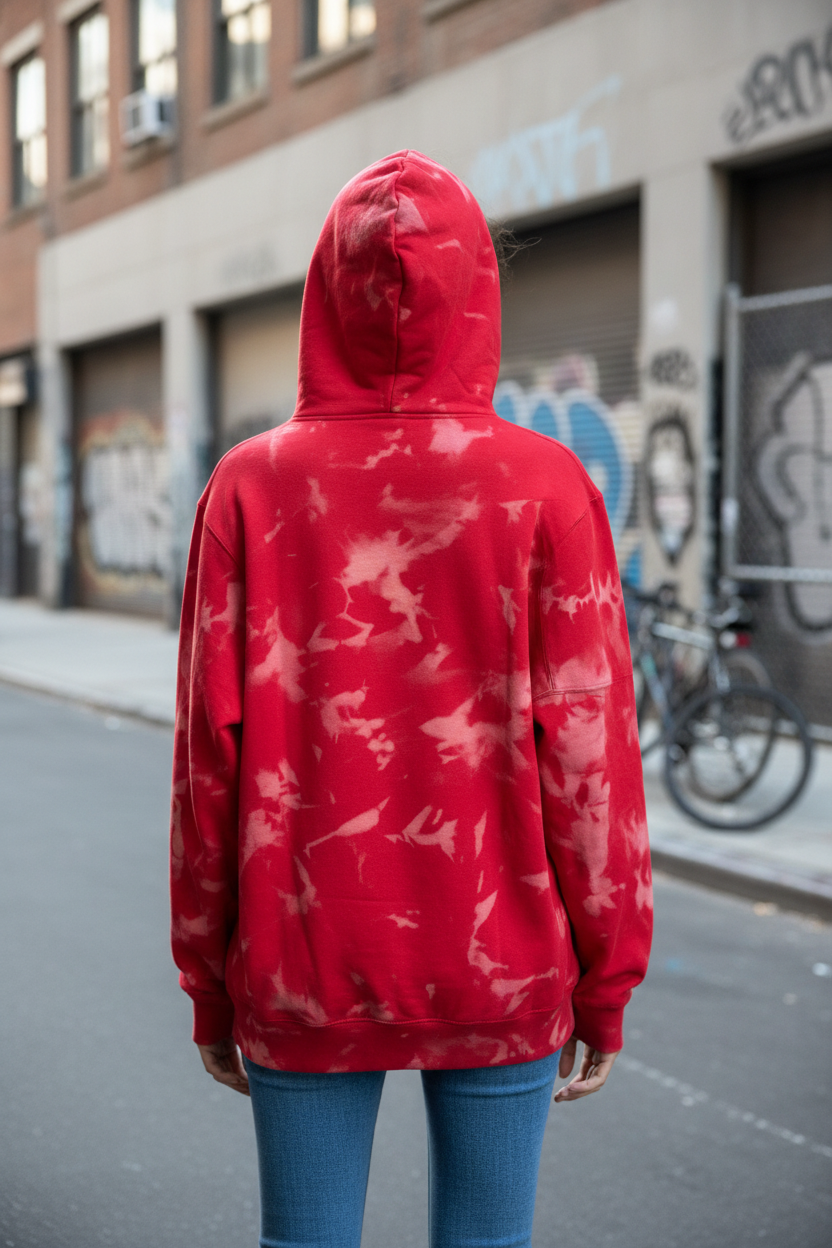 Red Bleach-Washed Hoodie Back with Hood Up